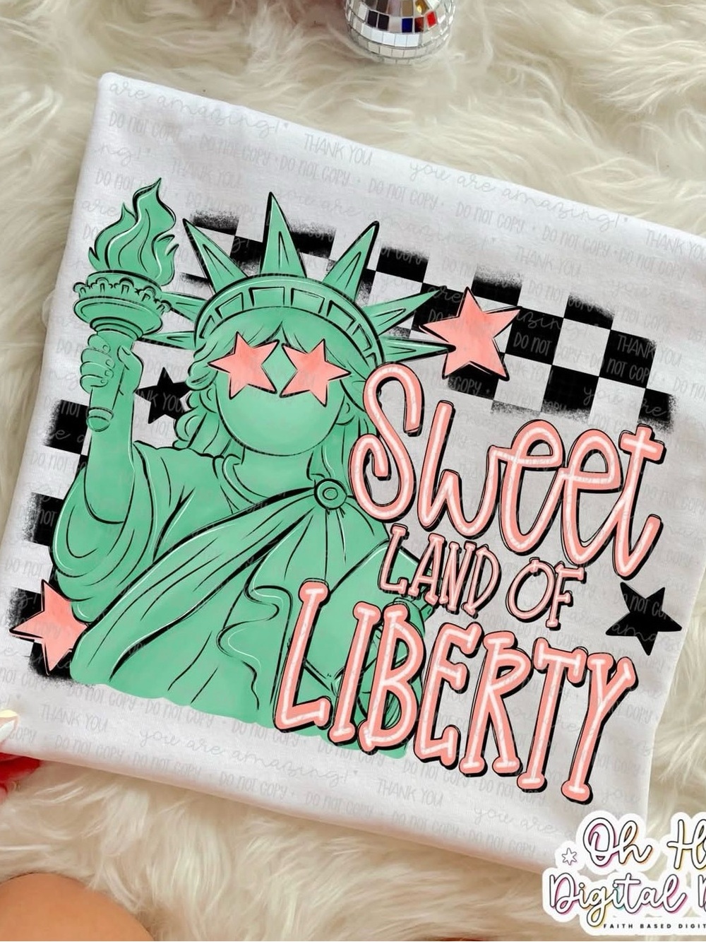 Sweet Land of Liberty Statue of Liberty Graphic Tee - Mint & Pink XS-4X